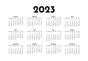 Calendar for 2023 isolated on a white background. Sunday to Monday, business template. Vector illustration