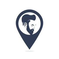 Man beard hipster barbershop vector emblem. Bearded man's face, hipster character. Barber shop map point shape concept logo.