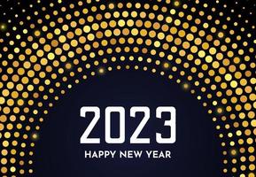 2023 Happy New Year of gold glitter pattern in circle form. Abstract gold glowing halftone dotted background for Christmas holiday greeting card on dark background. Vector illustration