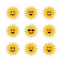 Set of suns with smiles. Nine yellow suns with different smiley. Vector illustration