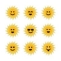 Set of suns with smiles. Nine yellow suns with different smiley. Vector illustration