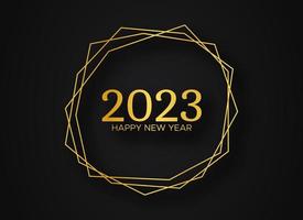 2023 Happy New Year gold geometric polygonal background. Gold geometric polygonal frame with shining effects for Christmas holiday greeting card, flyers or posters. Vector illustration