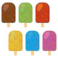 Set of vector illustration of ice cream. Multicolored creamy ice cream on a wooden stick