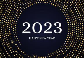 2023 Happy New Year of gold glitter pattern in circle form. Abstract gold glowing halftone dotted background for Christmas holiday greeting card on dark background. Vector illustration