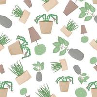 Home plants on pots pattern on white background. Seamless plant vector pattern.