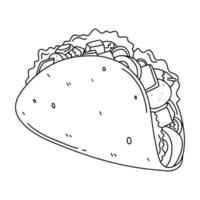 taco con tortilla en estilo garabato dibujado a mano. icono de vector de arte de línea de almuerzo mexicano. aislado en la ilustración de vector de fondo blanco.