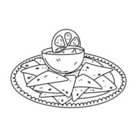 Mexican nachos with salsa dip in hand drawn doodle style. Vector illustration for restaurant menu, label, banner.