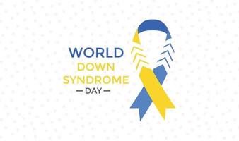 World Down syndrome Day horizontal poster. Photo realistic blue, yellow ribbon and frame on world map background. stock illustration. vector