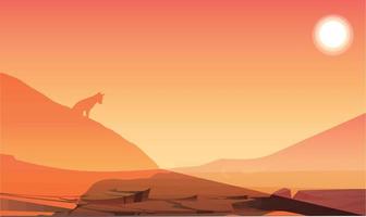 Illustration of a wolf standing at the foot of a mountain looking down. vector