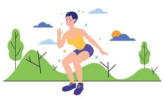 Illustration of a woman exercising in a lush nature in cloudy weather. vector