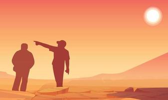 Illustration of a man climbing on a rock on a hot summer day and showing something to his friend. vector