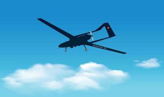 Unmanned aerial vehicle Bayraktar TB2 SIHA silhouette vector on a blue cloud background. Vector drawing of unmanned combat aerial vehicle. Side view. Image for illustration and infographics.