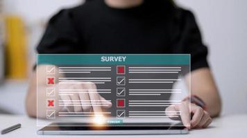 Survey form concept. Check marks on checklist and Filling online form or answering questions. Customer Experiences and satisfaction concept. photo