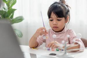 Asian Little girl studies the solar system in geography class. looking at the scale model of planets photo