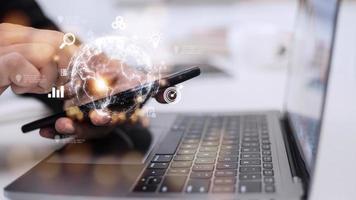People use mobile smartphones. Business global internet connection application technology and digital marketing, Financial and banking, Digital link tech, big data. photo