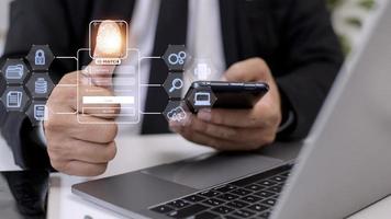 Fingerprint scanning and biometric authentication, processing of biometric for access personal data. surveillance and security scanning of digital programs cyber futuristic applications photo