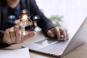 Icon cloud computing network and icon connection data information. Cloud computing and technology concept. photo