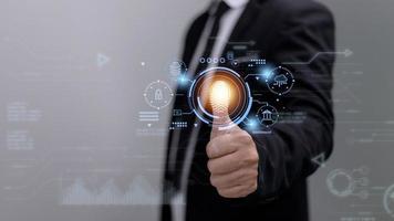 Security of future technology and Cybernetics on the Internet, finger scanning allows access to security and identification of big Data businesses, bank and Cloud Computers. photo