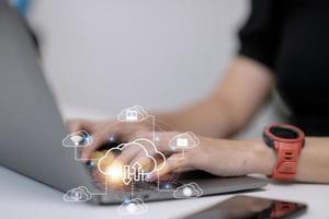 Icon cloud computing network and icon connection data information. Cloud computing and technology concept. photo