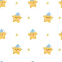 Childish seamless pattern with a cute star. Pattern for childrens pajamas. Wallpaper with a star in a nightcap. Vector illustration. Hand drawn illustration in scandinavian style.