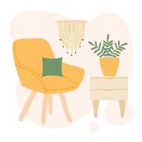 Modern living room interior. Decor elements for a modern interior. An armchair with a bedside table and room seating. Vector illustration hand drawn in cartoon style.