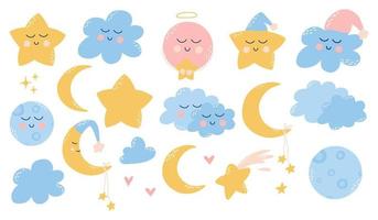 lindo conjunto infantil de elementos de buenas noches. colección infantil de estrellas, nubes, lunas, planetas. ilustración vectorial en estilo de dibujos animados dibujados a mano. vector