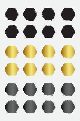 Set of grunge round hexagon border frames with black gold and metallic color