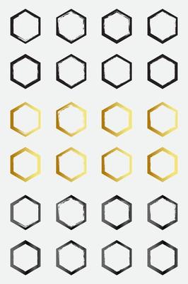 Set of grunge hexagon border frames with black gold and metallic color