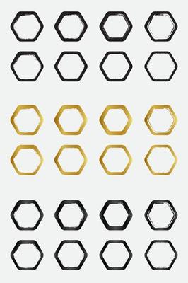 Set of grunge round hexagon border frames with black gold and metallic color