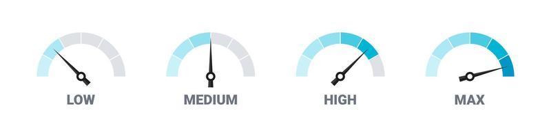 Risk meter. Satisfaction meter. Speedometer scale. Set of gauges from low to high. Vector illustration