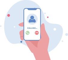 Incoming call on mobile phone. Hand holding smartphone with incoming phone call screen. Vector illustration