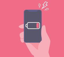 Hand holding smartphone with low battery icon on the screen. Low battery life of mobile phone vector illustration