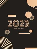 feliz año nuevo 2023. diseño de lujo feliz año nuevo 2023 con número dorado sobre fondo dorado. concepto para decoración navideña, tarjeta, afiche, pancarta, volante vector