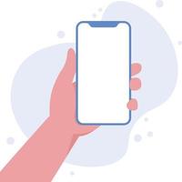 Hand holding smartphone vertically with blank screen vector illustration. Phone with empty screen, phone mockup, app interface design elements