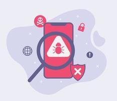 notificación de mensaje de alerta de virus en el teléfono inteligente. notificación de malware y virus o error en el teléfono móvil. advertencia de alerta roja de datos no deseados, conexión insegura, estafa. ilustración vectorial vector