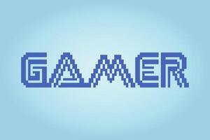 8 bit pixel of gamer text. Background a game assets and Cross Stitch patterns in vector illustrations.