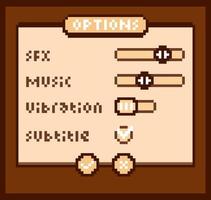 8-bit pixel text, game option menu. Background icon for game assets in vector illustrations.