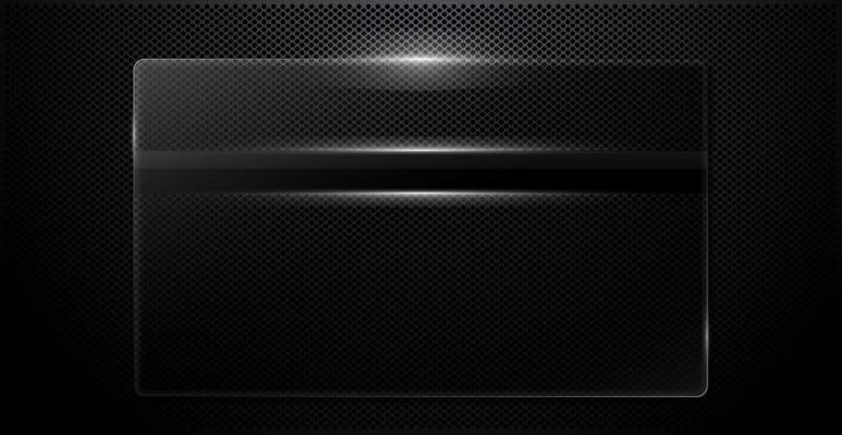 Glass banner on a black corrugated background. Reflections of light along the edges of a geometric shape. Realistic transparent glass window in a rectangular frame.