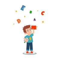 Vector cute illustration of a little schoolboy with a book in his hands. Banner about school, studying, knowledge, the benefits of reading, learning the alphabet. Character, mascot  of pupil.