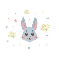 Year of rabbit zodiac. Bunny head with fireworks and confetti, chinese new year postcard. Symbol of lunar new year. Vector cartoon hare. Character, mascot, symbol, sign of Chinese New year.