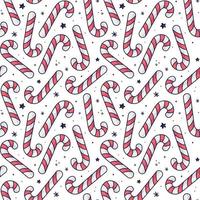 Candy cane seamless pattern. Caramel stick, lollipop illustration in doodle style. Hand drawn candy cane with snowflakes and stars. Isolated on white. Christmas decoration vector