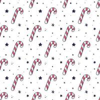 Candy cane seamless pattern. Caramel stick, lollipop illustration in doodle style. Hand drawn candy can with snowflakes and stars. Isolated on white. Christmas decoration vector