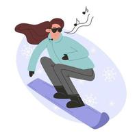 mujer joven haciendo snowboard en ropa deportiva en estilo plano vector