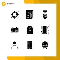 Group of 9 Solid Glyphs Signs and Symbols for grave photo best picture camera Editable Vector Design Elements