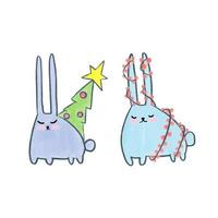 Vector Cute Christmas bunnies. Bunny with Christmas tree gift and garland. Winter illustration.