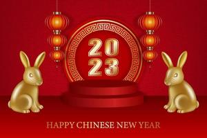 chinese new year background with gold rabbits and red lanterns. rabbit year poster vector