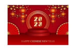 chinese new year background with folding fans, lanterns and flowers vector