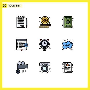 9 símbolos de signos de color plano de línea de llenado universal de codificación de elementos de diseño de vector editable de juego de html de fútbol de sitio web