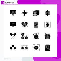 16 Thematic Vector Solid Glyphs and Editable Symbols of monitor nature cube flower amaryllis flower Editable Vector Design Elements