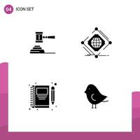 conjunto moderno de 4 glifos y símbolos sólidos, como elementos de diseño de vectores editables netos de juez de tribunal global de ley